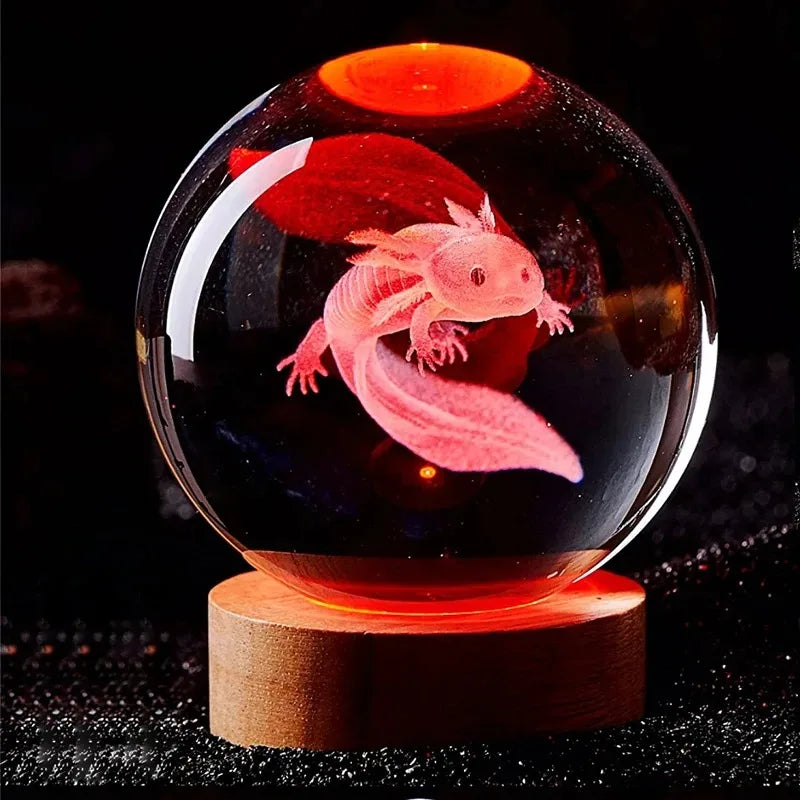 3D Axolotl Laser Engraved Crystal Ball Night Light