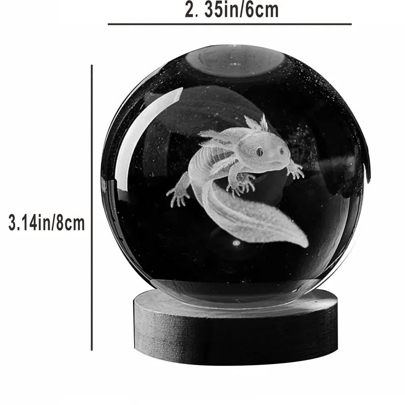 3D Axolotl Laser Engraved Crystal Ball Night Light